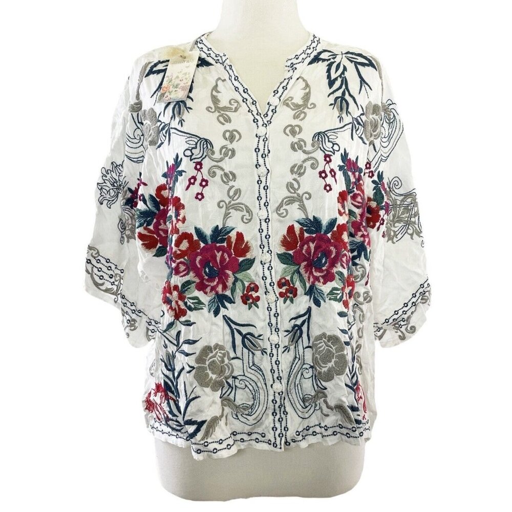 NEW Johnny Was Embroidered Floral Blouse Women's Size S Rayon Boho Peasant Top